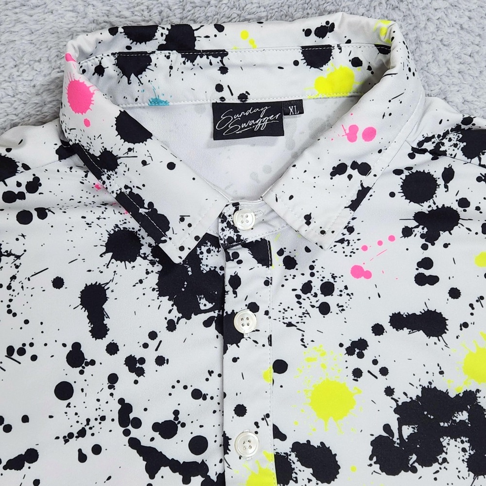 Sunday Swagger Polo Shirt Mens XL White Paint Splatter Golf Stretch Performance - Picture 2 of 12